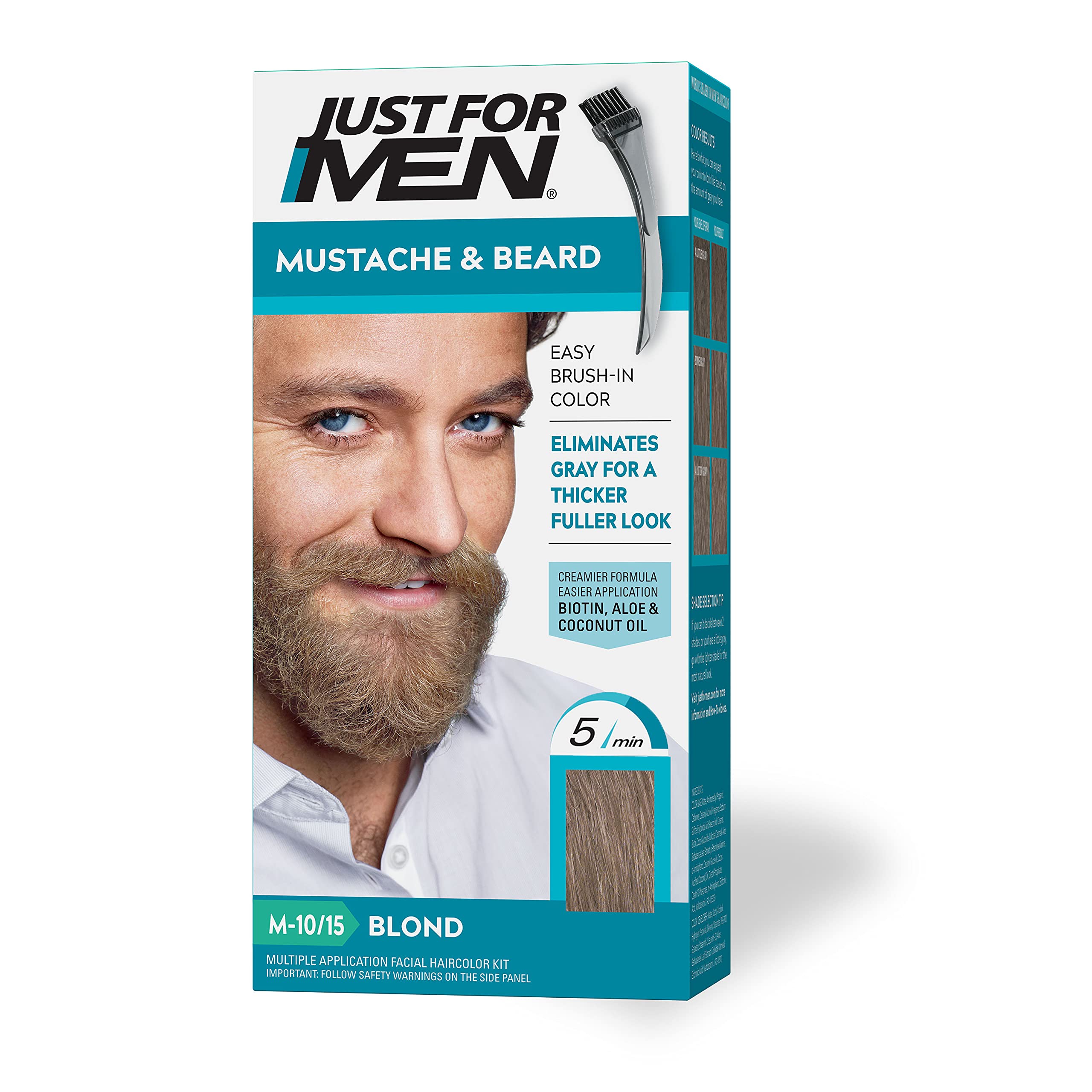Just For Men Mustache & Beard, Beard Dye for Men with Brush Included for Easy Application, With Biotin Aloe and Coconut Oil for Healthy Facial Hair - Blond, M-10/15, Pack of 1
