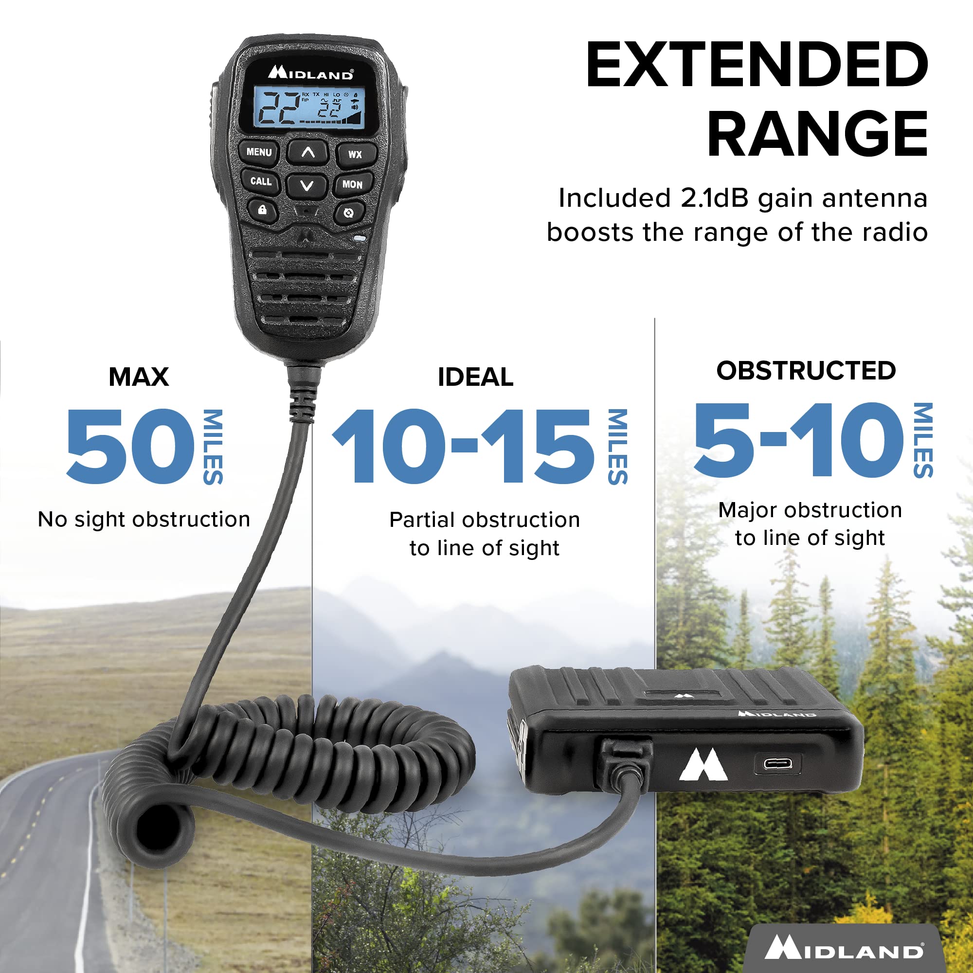 Midland – MXT275 MicroMobile GMRS Radio – 15 watts Two-Way Radio with Integrated Control Microphone – Overland Caravanning Tractors – Detachable External Magnetic Mount Antenna - 8 Repeater Channels