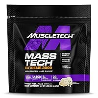 Mass Gainer Mass-Tech Extreme 2000, Muscle Builder Whey Protein Powder, Protein + Creatine+ Carbs, Max-Protein Weight Gainer for Women & Men, vanilla milkshake , 6lbs (Packaging May Vary)