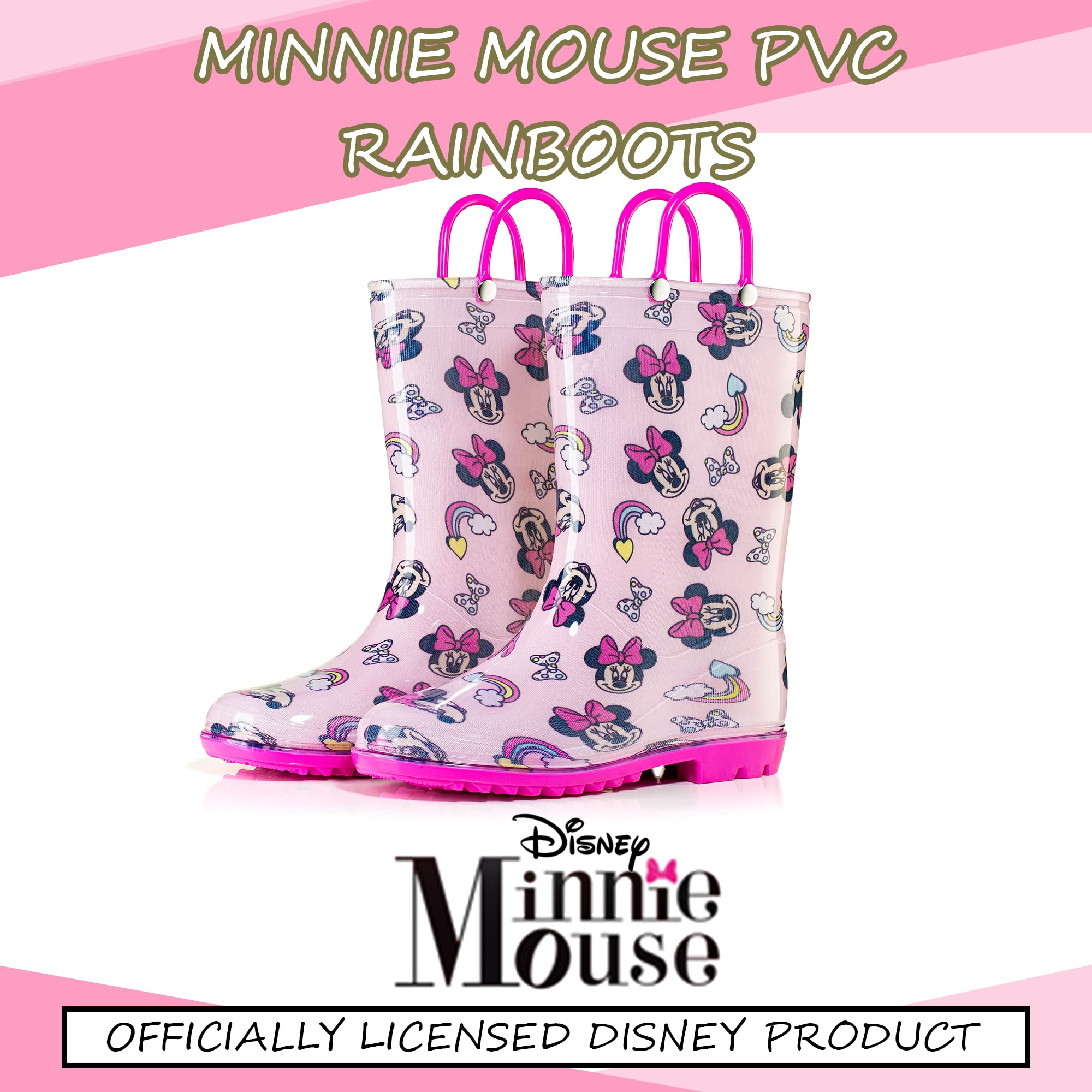Disney Minnie Mouse Girls PVC Rainboots - Lightweight and Waterproof - Easy-On Handle - Toddler and Little Kid - Pink and Red