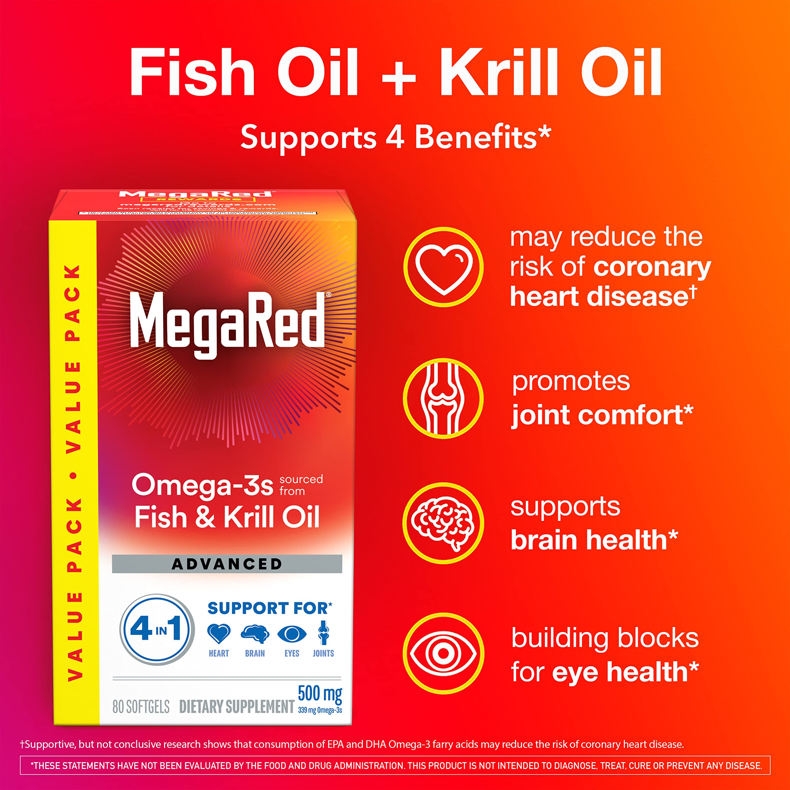 Megared Omega 3 Fish Oil & Antarctic Krill Oil Softgels for Brain, Heart, Joints & Eye Support, (80 Count Bottle), Concentrated Omega 3 Fatty Acid Supplement with EPA, DHA, Phospholipids