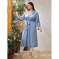 Women for Jackets - Plus Tie Cuff Lapel Neck Belted Longline Coat (Color : Dusty Blue, Size : XX-Large)