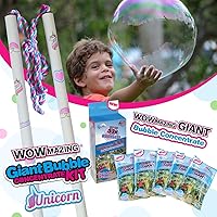 WOWMAZING Unicorn Giant Bubble Kit & Bubble Refills: Wand, 7 Big Bubble Concentrate Pouches and 8 Sun-Activated Magical Stickers | Outdoor Toy for Kids, Girls | Bubbles Made in The USA