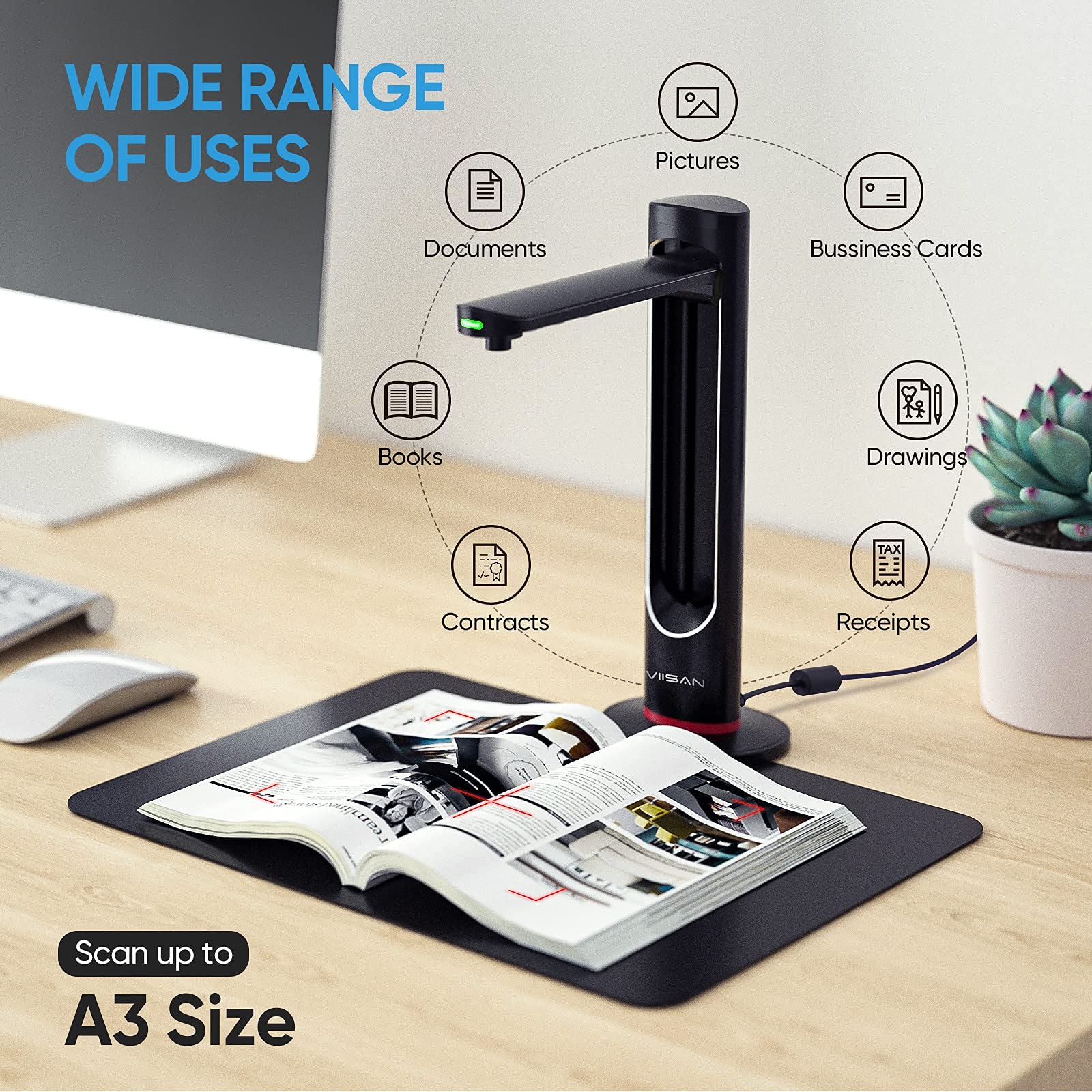 VIISAN K21, Portable USB Document Camera, 21MP High-Definition Book Scanner, Built-in LED Light, Capture Size A3, Auto- Flatten & Multi-Language OCR Text Recognition, Compatible with Windows & Mac