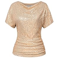 Sequined Top for Women Sparkle Glitter Dressy Blouse for Cocktail Party Club Fashion T-Shirt Gold M