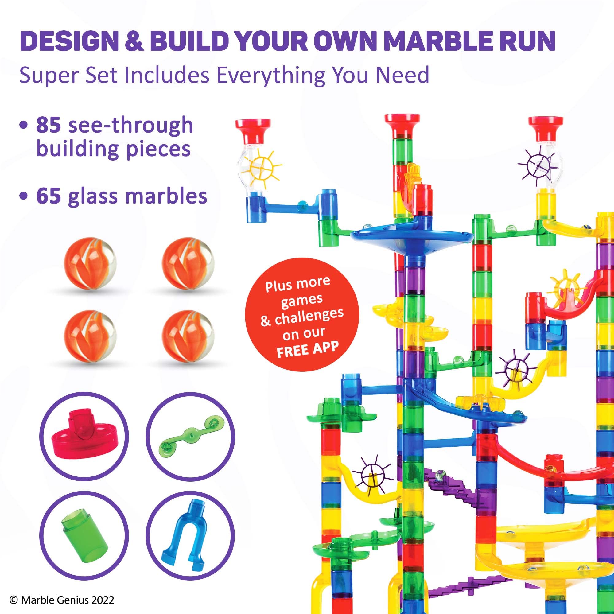 Marble Genius Marble Run (150 Complete Pieces) Maze Track or Race Game for Adults, Teens, Toddlers, or Kids Aged 4-8 Years Old, (85 Translucent Marbulous Pieces + 65 Glass-Marble Set), Super Set
