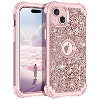 LONTECT for iPhone 15 Plus Case Glitter Sparkly Bling 3 in 1 Shockproof Heavy Duty Hybrid Sturdy High Impact Protective Cover Case for Apple iPhone 15 Plus,Shiny Rose Gold