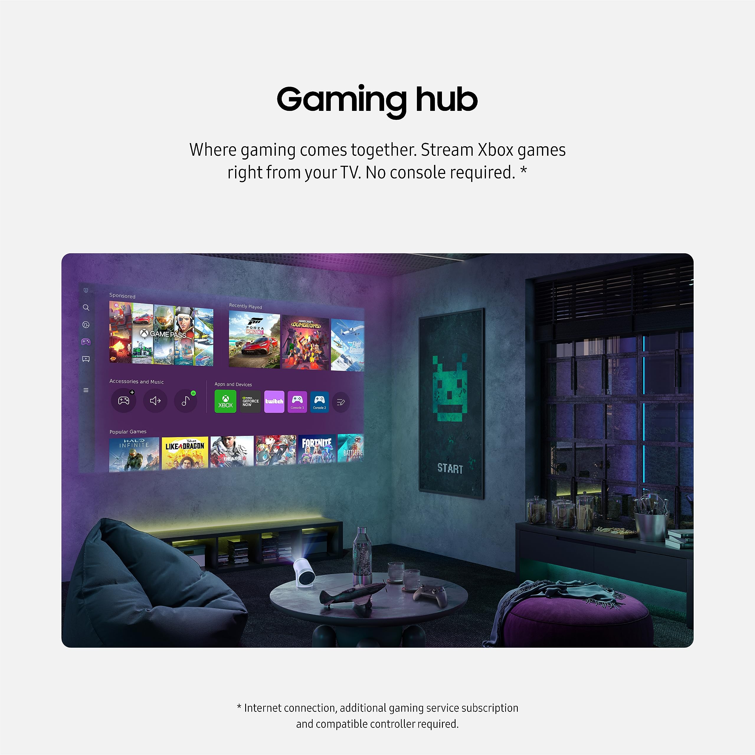 SAMSUNG 30” - 100” The Freestyle Gen 2 with Gaming Hub Smart Portable Projector, FHD, HDR, Big Screen Home Theater Experience, 360 Sound, SP-LFF3CLAXZA, 2023 Model