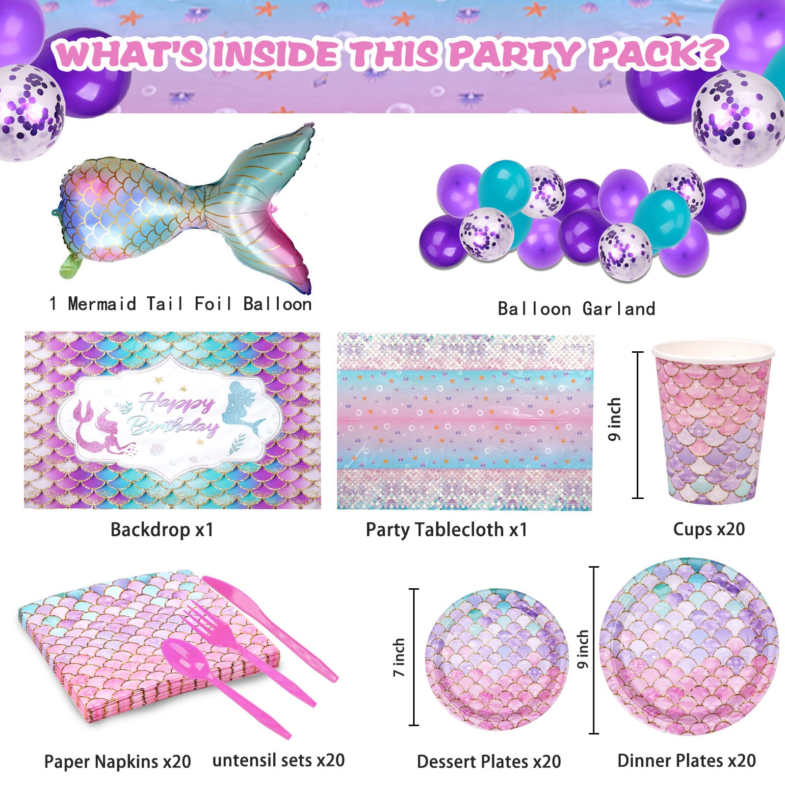 Mermaid Party Decorations Mermaid theme Birthday Decorations Party Supplies Girl Disposable Dinnerware(Serve 20) Includes Tablecloth Tableware Plates Napkins Cups Backdrop