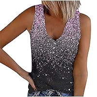 Women's Sequin Tank Tops Summer Ribbed Sleeveless V Neck Henley Shirts Casual Button Down Slim Fit Tunic Blouse