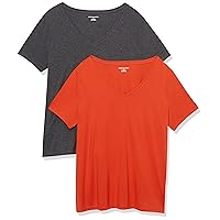 Amazon Essentials Women's Classic-Fit Short-Sleeve V-Neck T-Shirt, Pack of 2, Charcoal Heather/Tomato Red, 4X