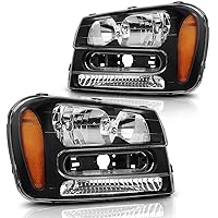 DWVO Headlights Assembly Compatible with 2002 2003 2004 2005 2006 2007 2008 2009 Chevy Trailblazer with Full Width Grille Replacement Headlamp Amber Reflector Clear Lens (Not fit LT models)
