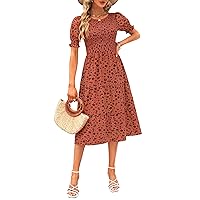 Maggeer Womens 2024 Summer Spring Short Puff Sleeve Smocked Bodice and Cuffs Floral Tiered Midi Dress with Pockets