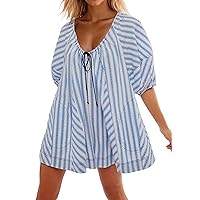 Women Striped Summer Dress with Pockets Casual Loose Puff Sleeve Mini Dress Adjustable V Neck Oversized Sundress