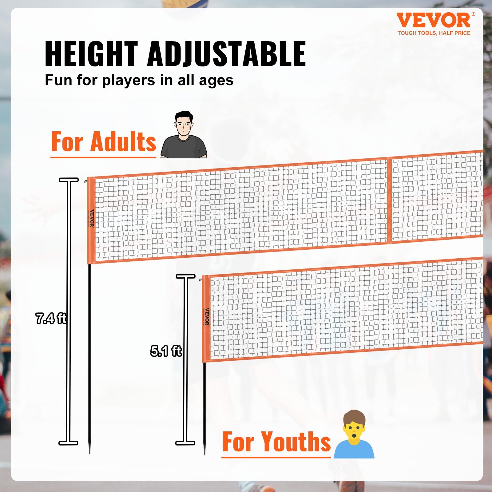 VEVOR 4-Way Volleyball Net, Adjustable Height Badminton Net Set for Backyard Beach Lawn, Outdoor Portable Volleyball Net with Carrying Bag, 4 Square Quick Assemble Game Set for Kids and Adults