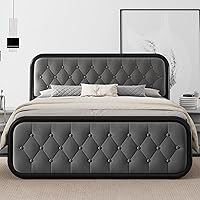 Feonase Queen Size Bed Frame, Heavy Duty Bed Frame with Buton Tufted Headboard, Upholstered Platform Bed with Strong Metal Slats, 12