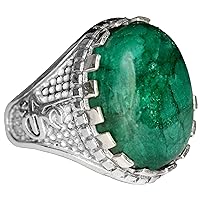 Natural Cabochon Emerald Gemstone, Islamic Ring, Men's Sterling Silver Rings, Gift for Him, Men 925k Silver Ring, Silver men Accessory, Free Express Shipping
