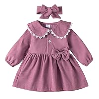 Toddler Girls Long Sleeve Dresses Solid Bowknot Princess Dress Headbands Set Girls Junior Dresses