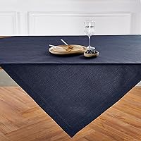 Solino Home Linen Tablecloth 52 x 52 Inch – 100% Pure Linen Chambray Navy Tablecloth – Machine Washable Dining Table Throw – Athena