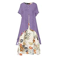 Women's Cotton Linen Fake Two-Piece Floral Print Loose Fit Flowy Maxi Dress