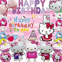 29 Pcs Birthday Decorations，Hello Kitty Birthday Party Supplies Including Backdrop, Foil Balloons,Latex Balloon for Girls Hello Kitty Theme Party