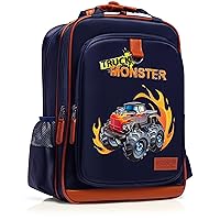 Kids Backpack for School Water Repellent | Cute Navy Blue Backpacks for Elementary or Kindergarten | Monster Truck School Bag for Kids 15” School Backpack