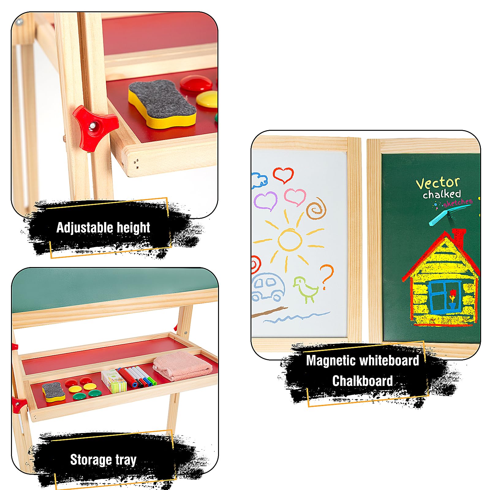 OMOTIYA Adjustable Wooden Easel for Kids, Standing Art Easel for Kids 3, 4, 5, 6, 7, 8 Years Old Boy & Girls, Foldable Toy Painting Easel for Children with Chalkboard & Magnetic Whiteboard