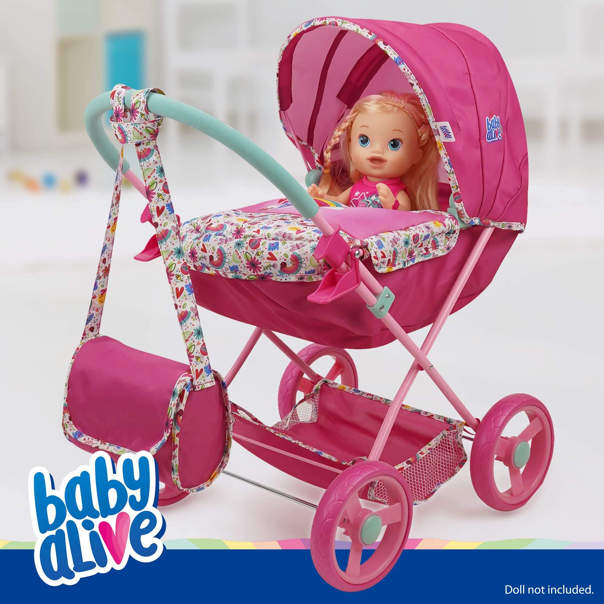 Baby Alive: Deluxe Classic Doll Pram - Pink & Rainbow - Includes Matching Handbag/Diaper Bag, Fits Dolls up to 18