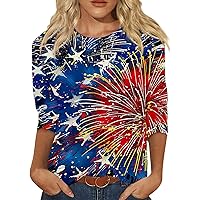 Casual Summer Tops for Women Fashion 3/4 Sleeve Shirts Red White and Blue T Shirt Elegant Crewnck Blouse American Flag Tees