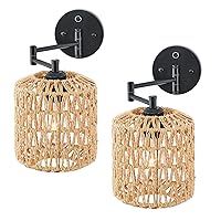 Rattan Wall Sconce Set of Two, Modern Swing Arm Black Wall Lamp with Boho Woven Lampshade & Dimmable On/Off Switch,Wall Mount Reading Light Fixture Bedside Lamp for Stairway Bedroom Living Room Office