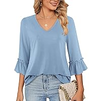 Messic Blouses for Women Dressy Casual 3/4 Length Bell Sleeve Tops V Neck T Shirts Tunic