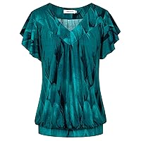 Womens V Neck Short Ruffled Cap Sleeves Banded Hem Bottom T Shirts Loose Tops with Shirred