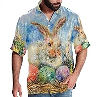 Watercolor Easter Bunny Eggs on Grass Men Casual Button Down Shirts Short Sleeve