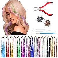 16 Colors Hair Tinsel Kit, 47 Inches 3200 Strands Tinsel Hair Extensions, Fairy Hair Tinsel for Christmas Halloween Cosplay Party, Glitter Hair Extensions, Micro Beads, and Styling Crochet Tools for W