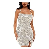 Speechless Womens Stretch Sequined Zippered Tie Spaghetti Strap Square Neck Mini Cocktail Body Con Dress