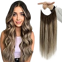 Fshine Balayage Hair Extensions Human Hair Fishing Wire Hair Extensions #2/3/27 Dark Brown Ombre Walnut Brown Mixed Honey Blonde Fish Line Hair Extensions Remy Hair 16inch 105g