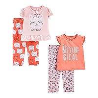 Simple Joys by Carter's Toddler Girls' 4-Piece Fleece Pajama Set (Short-Sleeve Poly Top & Fleece Bottom), Pack of 4, Animal Print/Kitten/Text Print, 4T