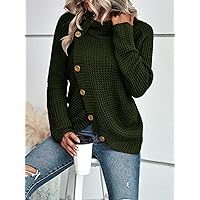 Cowl Neck Button Detail Raglan Sleeve Sweater (Color : Army Green, Size : Medium)