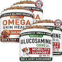 Omega 3 + Glucosamine Dogs Bundle - Allergy & Itch Relief Skin&Coat Supplement - Omega 3 & Pumpkin + Chondroitin, MSM - Dry Itchy Skin, Hot Spots Treatment + Hip & Joint Care - 720 Chews - Made in USA
