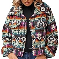 Women's Aztec Print Fuzzy Fleece Jackets Retro Lapel Button Down Outwear Tribal Winter Lightweight Coat with Pockets