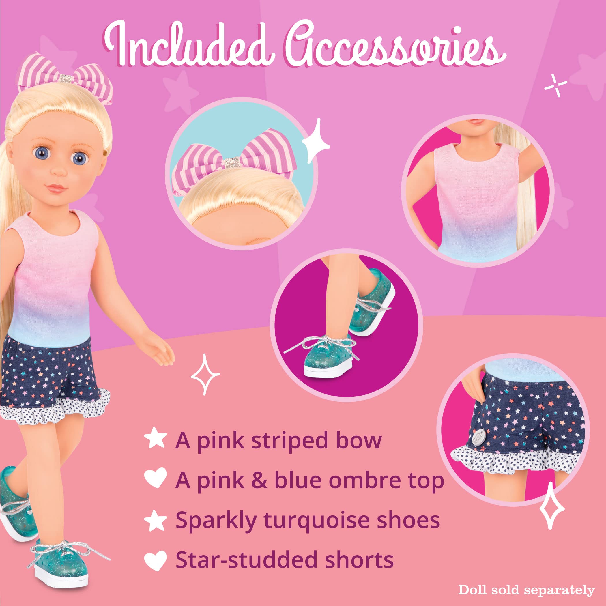 Glitter Girls – 14-inch Doll Clothes – 4pcs Starry Outfit – Colorful Top & Polka Dot Shorts – Glittery Shoes & Hair Bow – 3 Years + – Twinkle Like A Star