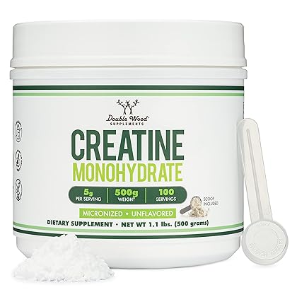 Creatine Monohydrate Powder 1.1lbs (100 Servings of 5 Grams Each - Third Party Tested Micronized Creatine Powder) Unflavored, Keto, Vegan Friendly (with Scoop)(Creatina Monohidratada) by Double Wood