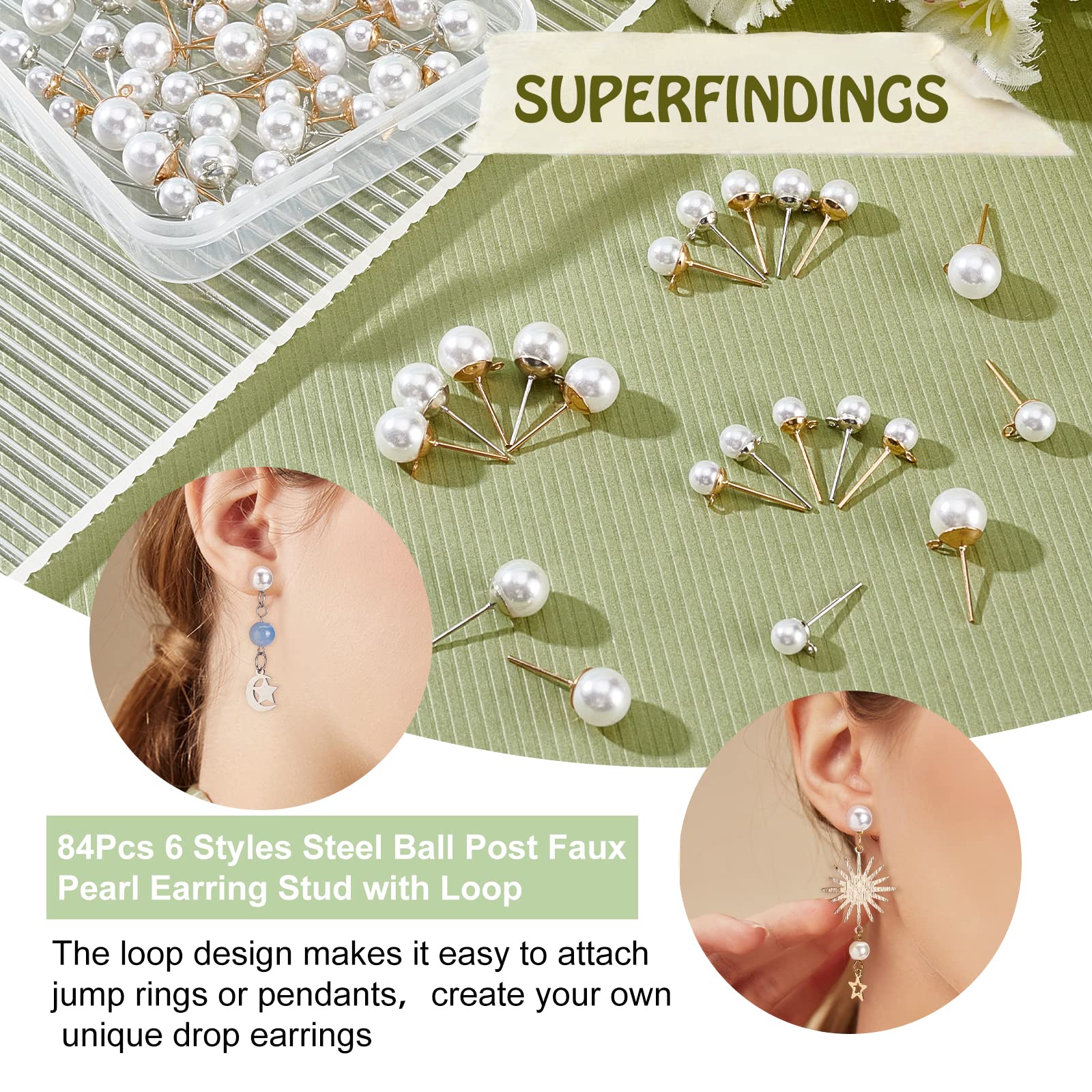 SUPERFINDINGS 84Pcs 3 Sizes Earring Posts with Loops Faux Pearl Posts Stud Earrings Acrylic Imitation Pearl Beads Ball Stud Earrings for DIY Earring Jewelry Making,Pin:0.8mm