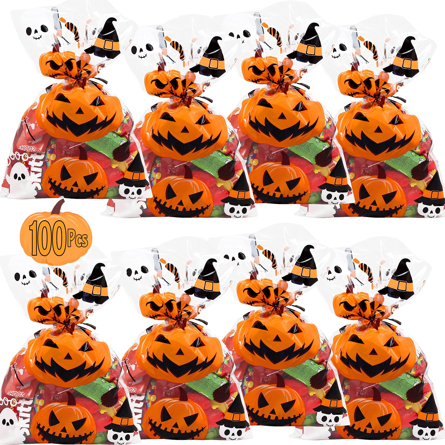 AnapoliZ Halloween Treat Bags | 100 pcs (6” x 9” Inch) |2.5 Mil Crystal Clear Cellophane Bags with Fun Scary Designs | Pumpkins, Witches Cello Bags | Halloween Party Decorations, Spooky Treat Bags