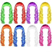 PLULON 8 Pieces Colorful Long Curly Wigs, Long Colorful Hair Wig Wavy Hair Wigs for Neon Bachelorette Party Decorations