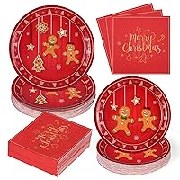 Homlouue Gingerbread Man Christmas Paper Plates and Napkins, Red Retro Christmas Disposable Dinnerware Set for Christmas New Year Party Decor, Holiday Paper Plates Party Supplies Serves 50 Guests