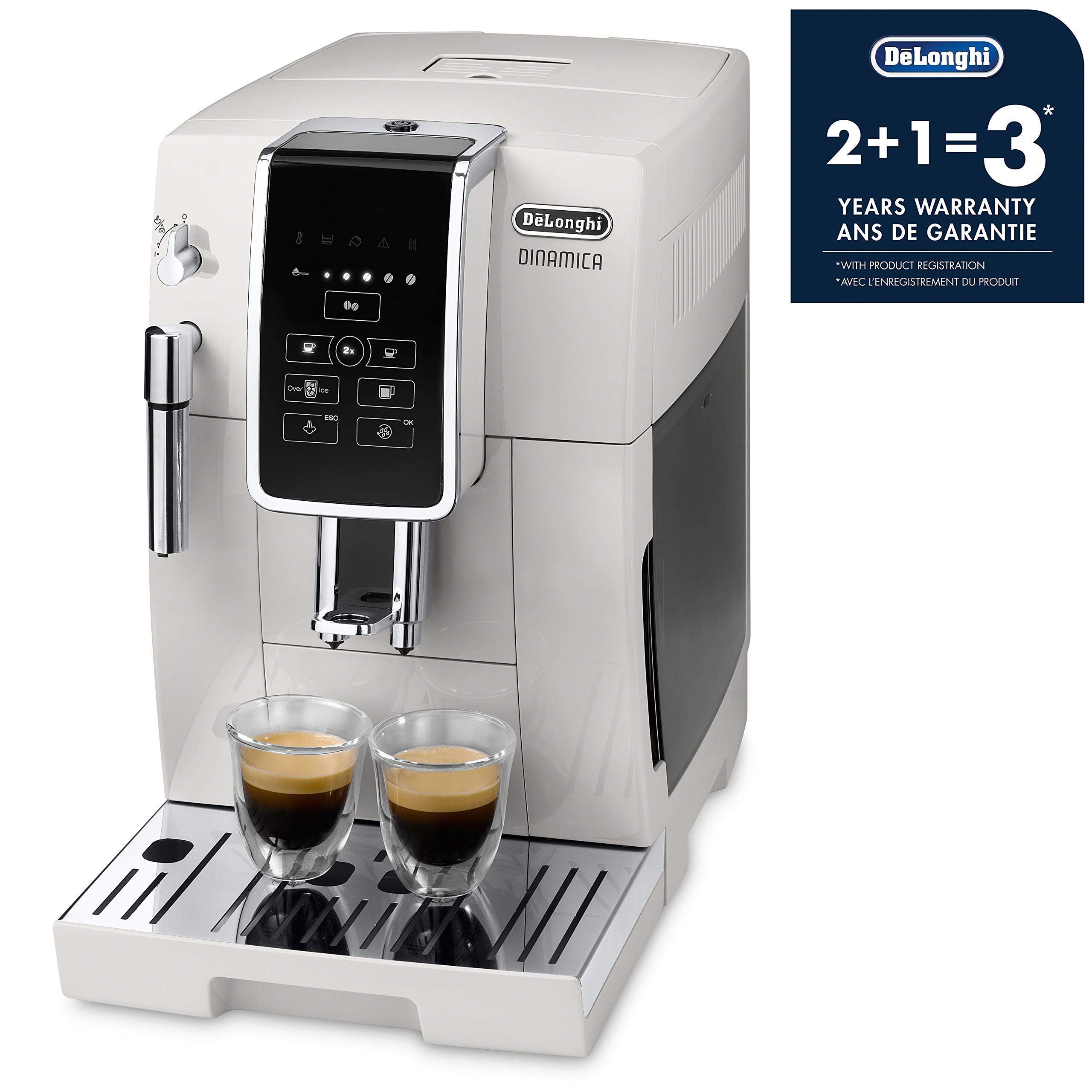 De'Longhi Dinamica Automatic Coffee & Espresso Machine, Iced-Coffee, Burr Grinder, (Renewed) (White)