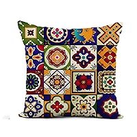 Flax Throw Pillow Cover Blue Mexico Talavera of 16 Mexican Tiles Yellow Mosaic 18x18 Inches Pillowcase Home Decor Square Cotton Linen Pillow Case Cushion Cover