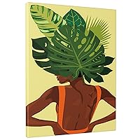 Tropical rectangle wall art Abstract Black Girl Leaves Funny Artistic Botanical Bohemian yellow green brown canvas Removable Hang Decoration nursery playroom library vertical Unframed 8x12inch