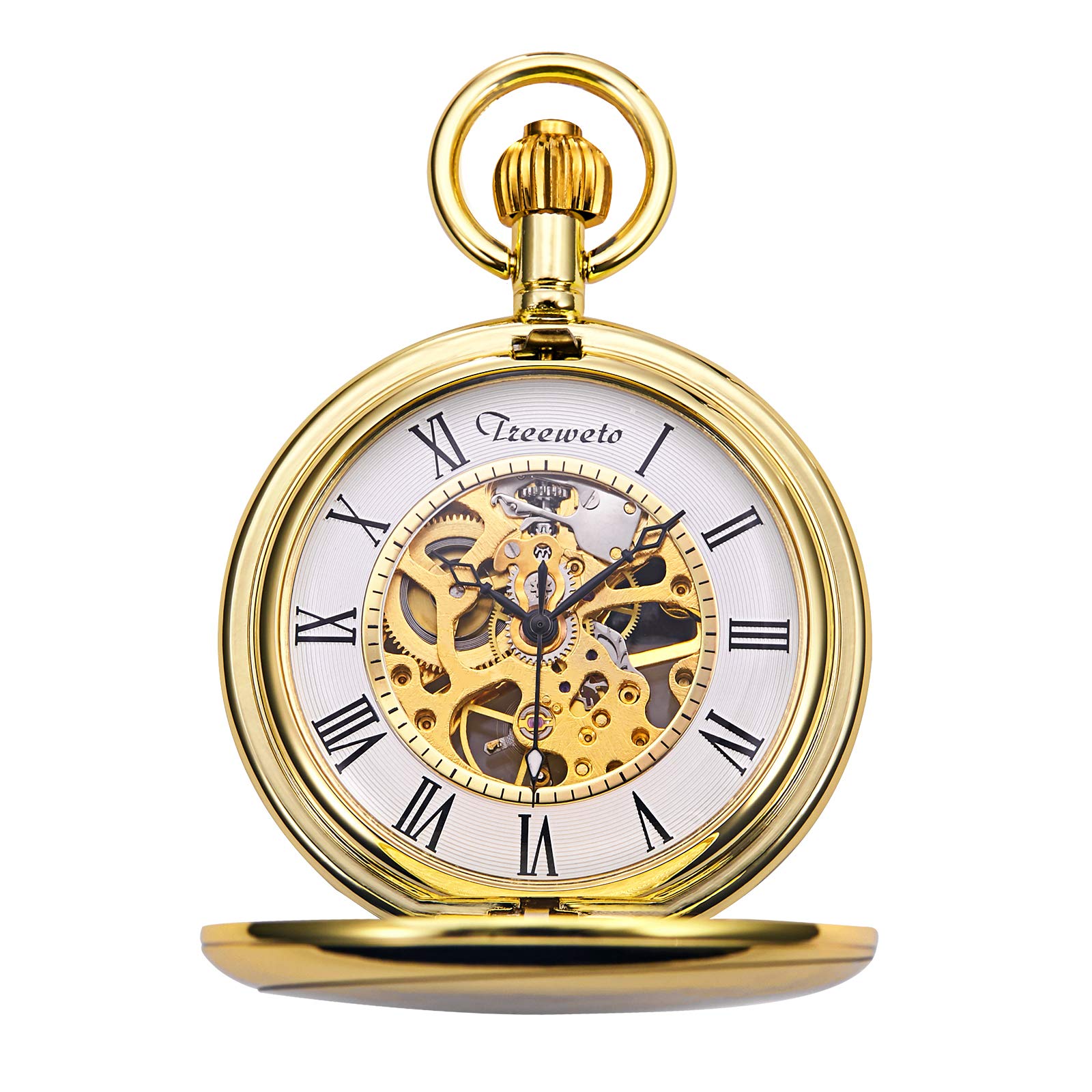 TREEWETO Pocket Watch Gold Smooth Case Skeleton Dial Mechanical Movement with Chain + Box